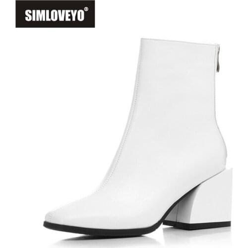 SIMLOVEYO Genuine Leather Concise Ankle Boots Solid Square Toe Back Zip 5cm Chunky Heel Shoes Big Size 34-42 Black White A4227