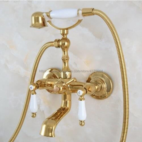 Gold Color Brass Wall Mount Bathtub Bathroom Faucet Telephone Style Mixer Faucet Tap with Dual Handle Handshower Nna865