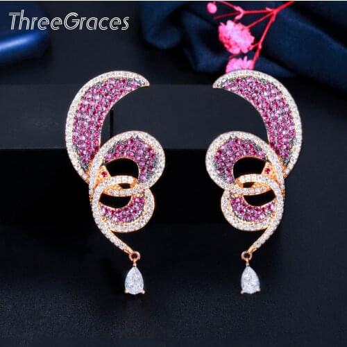 ThreeGraces Elegant Red CZ Crystal Gold Color Long Geometric Twisted Dangle Earrings for Ladies Dubai Wedding Prom Jewelry ER627