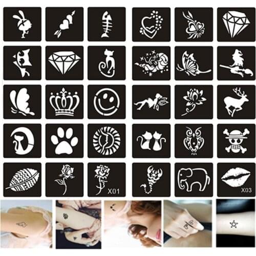 30pcs/set Henna Stencils Butterfly Lip Rose Cat Airbrush Tattoo Stencil Kids Women Tatuaz Pochoir Glitter Szablony Do Malowania
