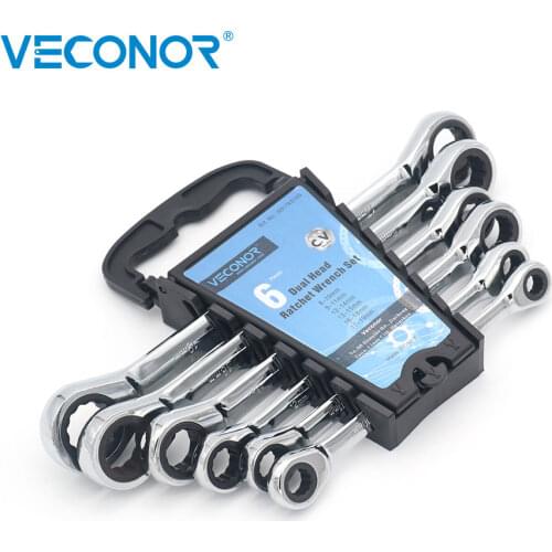 Dual Ratcheting Head Wrench Tools Set of Key Wrench 6pcs Fully Polish 72T Ratchet Spanner with Free Rack Packed