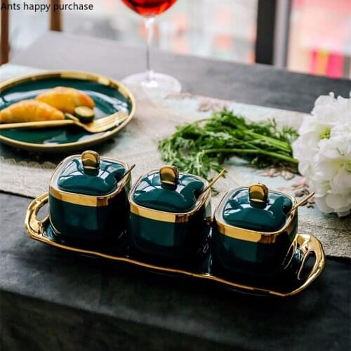 Green Ceramics Sugar Bowl Salted MSG Jar Seasoning Tank Home Storage Three Packs Household with Spoon Lid Spices Storage Box
