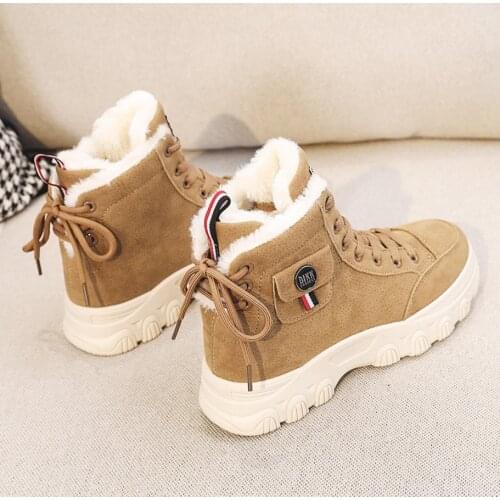 2021 Winter Women Ankle Boots Warm PU Plush Woman Sneakers Flats Lace Up Ladies Shoes Women Short Snow Boots Botas Femininas