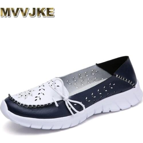MVVJKE 2020 fashion women flat shoes real leather summer shoes woman lace-up ballerina flats mother boat shoes moccasins
