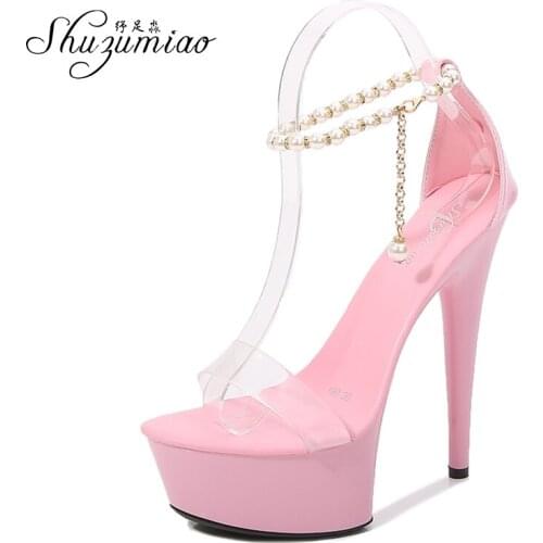 Shuzumiao Womens Party Shoes Transparent Sandals 2021 New Word Female Shoes Ankle Strap Platform High Heels 15cm Stiletto Pink