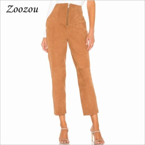 High Waist Suede Leather Ankle Length Pants For Women Autumn Zipper Straight Trousers Elastic Casual Slim Leather Pants Custom