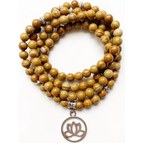 Mala Beads Necklace Meditation Natural Serpenggiante Jasper Stone Prayer Beads Mala 108 Beads Bracelet Lotus Om Star Charms 1pc