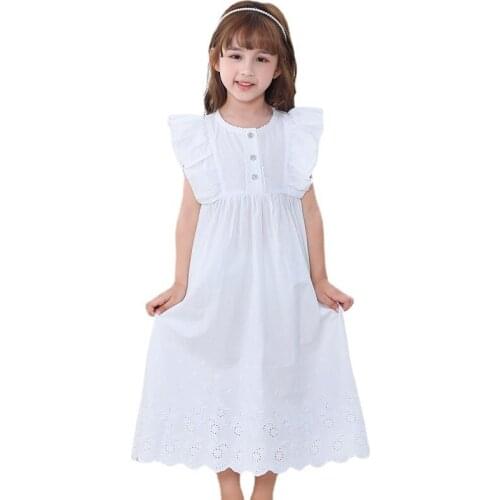 2021 Summer Short Sleeve Embroidery Lace Girls Princess Night Gown Girls' Cotton White Nightgowns Pajamas Girls Dress