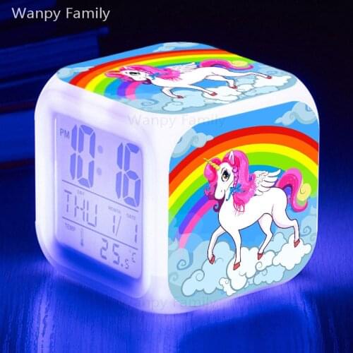 Beautiful rainbow unicorn alarm clock Large screen multi-function glowing LED color change digital alarm clock for kids gifts