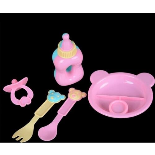 5pcs/set (milk Bottle+forks+nipple+Dinner Plate)Simulated Doll Tableware Four Sets For 43cm Baby doll Doll Accessories
