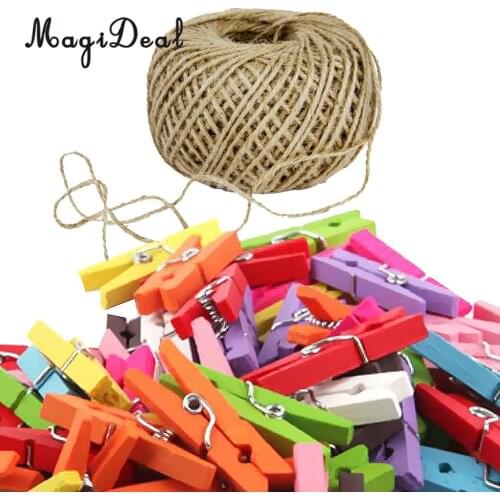 50pcs Mini Colored Natural Wooden Clothespins Photo Paper Peg Pin Craft Clips with Jute Twine for Home Wedding Party Decoration