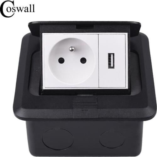 Coswall All Aluminum Black Panel Slow Pop Up Floor Socket 16A French / Polish Standard Power Outlet With USB Charging Port 5V 1A