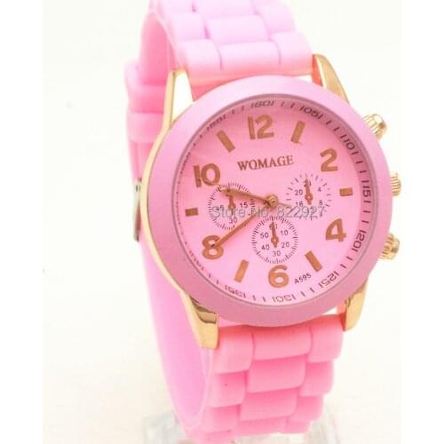 Free ship!Silicone rubber band,gold plating case+match band color case face,quartz movement,three eye imprint dial,womage A595