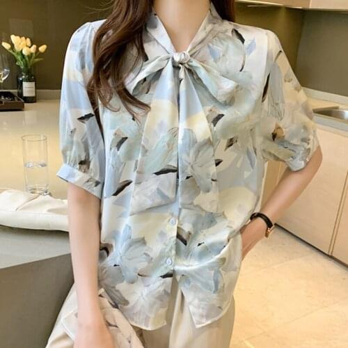 Floral Bow Women Blouses Button Korean Fashion Office Shirt Woman Clothes Short Sleeve 2021 Summer Female Tops Chemisier Femme