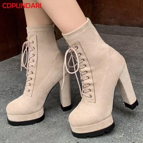 Super High Heels Platform Ankle Boots For Women Autumn Winter Cross Tied Punk Short Boots Party Shoes Bottes Plateforme Femme