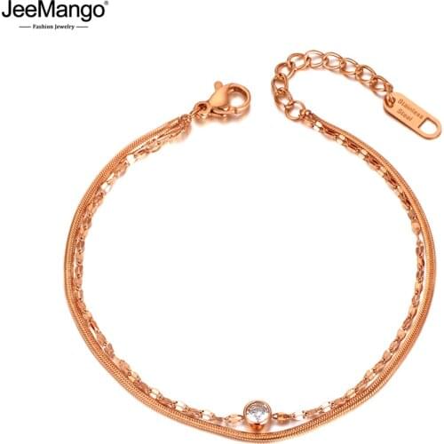 JeeMango Trendy Double Layer Stainless Steel Crystal Charm Strand Bracelet For Women Rose Gold Snake Chain Link Bracelet JB20043