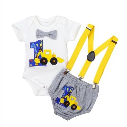 2021 3-18M Newborn Baby Boy Clothing Cartoon Car Print Short Sleeve Romper+Straps Triangle Shorts Kids Cotton 2pcs For Gentleman