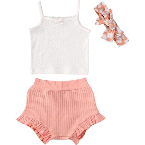 0-24M Newborn Baby Girls Cotton Summer Suits 3Pcs Baby Girls Sling Cropped Top+Ribbed Shorts Set Summer Sleeveless Outfits