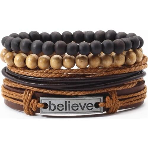 Punk Vintage 4 Pcs/set Feather Flower Maple Leaf Charm Brown Black Beads Leather Bracelets Men Women Femme Homme Male Jewelry