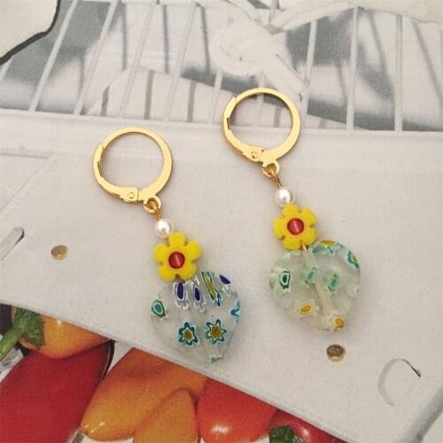 Trendy Gold Color Plating Transparent Yellow Flower Printed Heart Charm Hoop Earrings For Women Girl Cute Dainty Jewelry