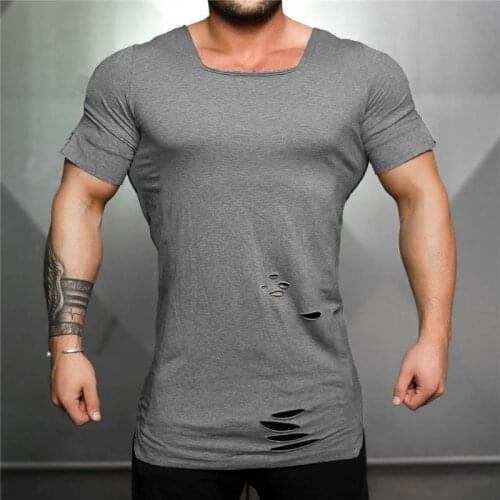 Muscleguys 2021 New Summer Fitness T Shirt Men Ripped Hole T-shirts Men Square neck Slim Fit Tees Mens Hip Hop Extend Tshirt
