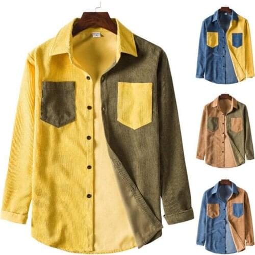 Mens Shirts 2021 Fall Corduroy Shirt Collar Long Sleeve Solid Color Thicken Shirt Patchwork Casual Cardigan Tops Jacket New