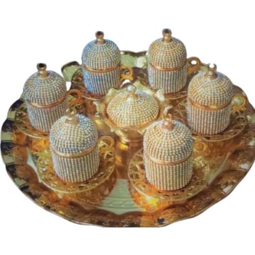 Hand Made Swarovski Stone Gold 27 Piece for 6 People English Coffee Espresso Cup Set, Stylish Design, Porcelain