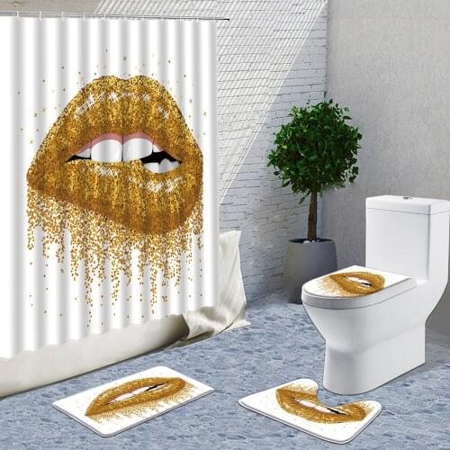 Red Lips Bathroom Curtain Set Red Lipstick Bath Mat Sets Shower Curtains With Hooks Gray Non-Slip Pedestal Rug Toilet Cover