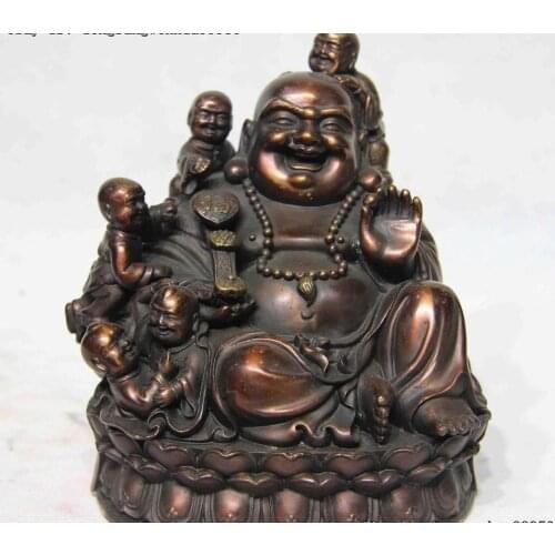 Chinese Pure Bronze Copper Five Kids Boy Play Happy Laugh Maitreya Buddha Statue