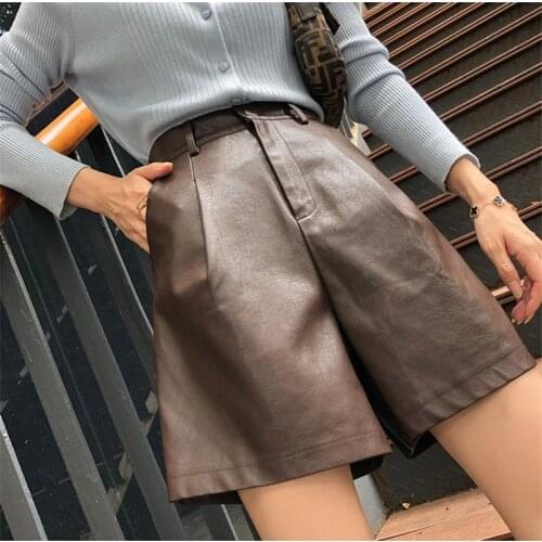 Autumn Winter Women Straight PU Shorts High Waist Five Points Leather Shorts Ladies Black Wide Leg Shorts Plus SIze 2XL AB2123