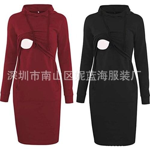 Autumn Maternity Dresses Solid Color Hooded Lace Pregnant Women Sweater Breastfeeding Dress Long Sleeve Pregnant Dress