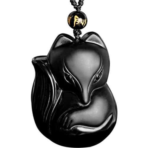Fox Obsidian Pendant Necklace for Women Men,Obsidian Jewelry Good Luck Wealth Healing Crystal Necklace Protection Amulet Charm