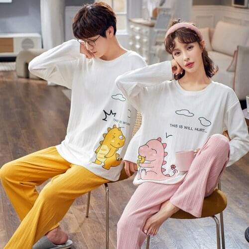 Winter Couples Pajamas Sets Women Men Cute Cartoon Little Dinosaur Sleepwear Loose Cotton Warm Long Sleeve Couples Home Suits