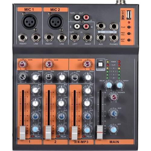 Portable 4-Channel Mic Line Audio Mixer Mixing Console 3-band EQ USB Interface 48V Phantom Power with Power Adapter