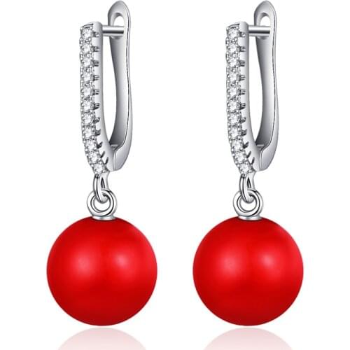 Romantic Red Pearl Drop Earrings for Women Zirconia CZ Silver Color Hanging Dangle Earrings with Pearl Girls Jewelry Accessories