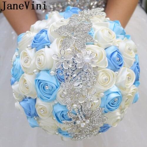 JaneVini Blue Bridal Bouquet Luxurious Crystals Brooch Diamond Wedding Bouquets for Bridesmaids Satin Rose Beach Wedding Flowers