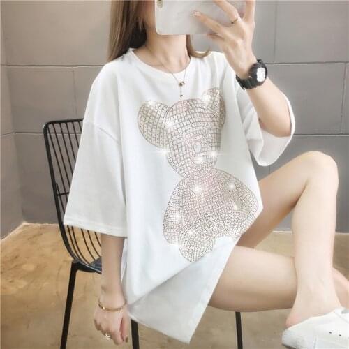 Short sleeve T-shirt womens summer wear 2021 Korean loose size medium length shiny bear casual clothes fashion