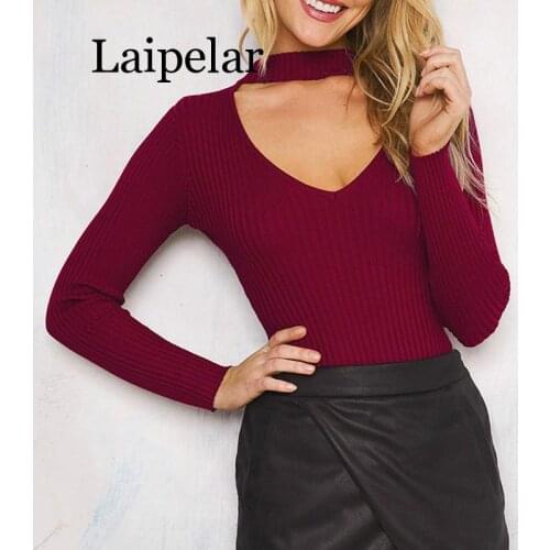 Womens Bottoming Shirt Halter Knitted Sweater Red Sexy Pullover Women Tops Slim V Neck Long Sleeve Chic Jumper Pull Femme