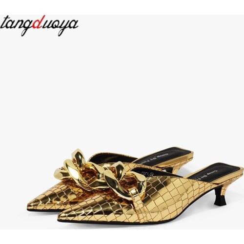 2021 New Brand Women Slipper Fashion Gold Chain Sandal Shoes Ladies Pointed Toe Slip On Mules Thin Low Heel Slides