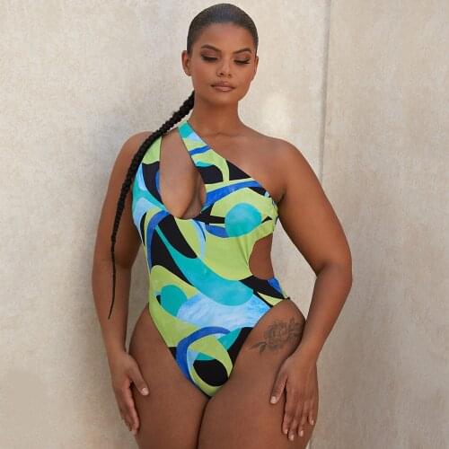 Sexy One Shoulder Swimwear Women One Piece Swimsuit Female 2021 Geometric Print Monokini Backless Bathing Suits Beach Wear Swim