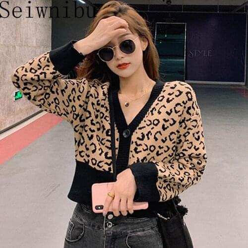 Autumn Retro Leopard Stitching Cardigan Womens V-neck Femme Knitted Sweater Fashion Casual Single-breasted Jacket