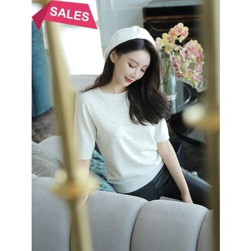 White short sleeve T-shirt womens spring round neck Pullover loose and versatile drill chain top
