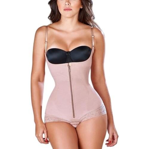 Women Shapewear Straps Tummy Control Bodysuit Waist Trainer Cincher Zipper Body Shaper Lace Fajas