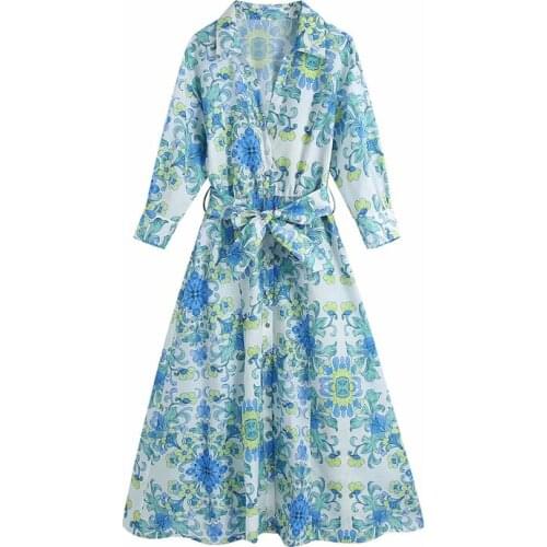 Spring and Autumn Womens Casual Flower Printed Lapel Short Sleeve Belted Dress