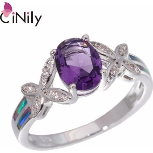 CiNily Created Rainbow Fire Opal Purple Stone Cubic Zirconia Silver Plated Wholesale for Women Jewelry Ring Size 6-9 OJ9249