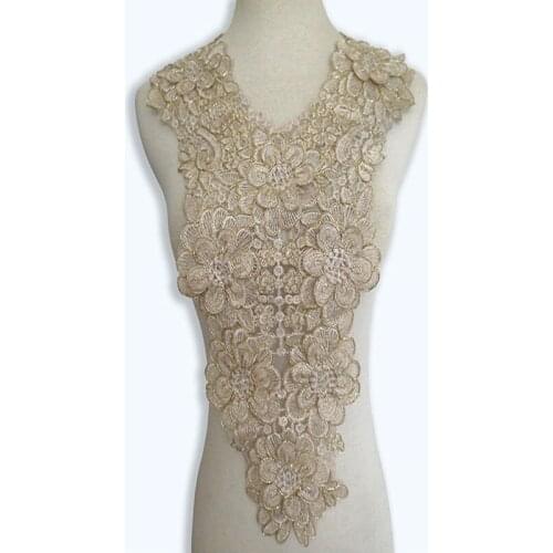1pc Craft Champagne Ganza 3D Floral Embroidery Lace Collar Fabric Trim DIY Embroidery Lace Fabric Neckline Applique Sewing Craft