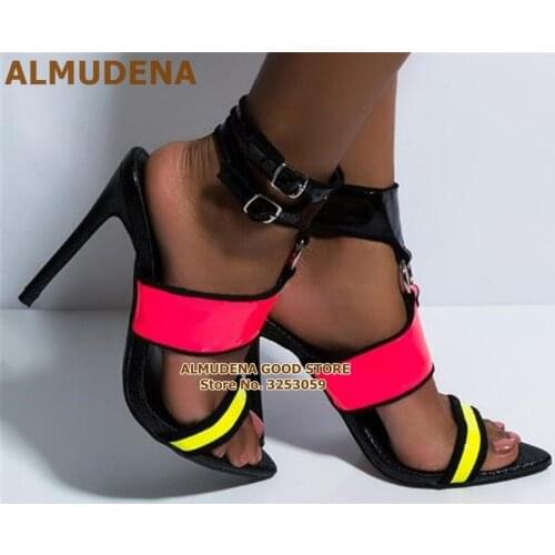 ALMUDENA Glossy Pink Neon Yellow Ring Buckle Sandals Metal Buckle Strap Decorated High Heel Shoes Mixed Color Wedding Heel Pumps
