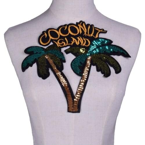 Big Coconut Tree Sequins Embroidered Iron on Patches Clothing Stripes Clothes Green Custom Badges Scrapbooking NL358