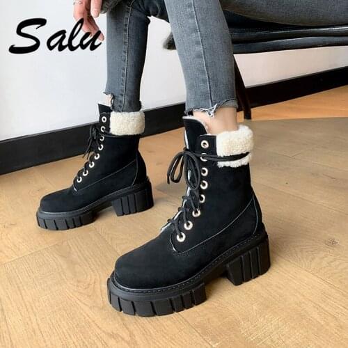 Ankle Boots Cow-suede-leather Boots Platform Square Heels Natural-fur Warm Winter Boots Zipper Snow Boots for Women