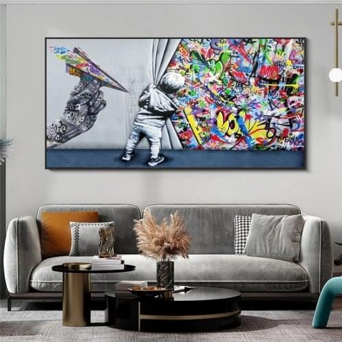 Kids Behind The Curtain Graffiti Paintings on The Wall Pop Street Art Canvas Posters and Prints for Living Room Cuadros Decor